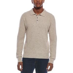 Kier + J Mens Ribbed Wool & Cashmere-Blend Polo Sweater, Beige